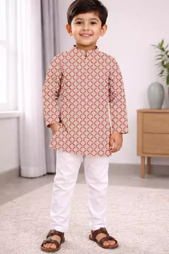 Peach cotton thread embroidery work kid's kurta pyjama