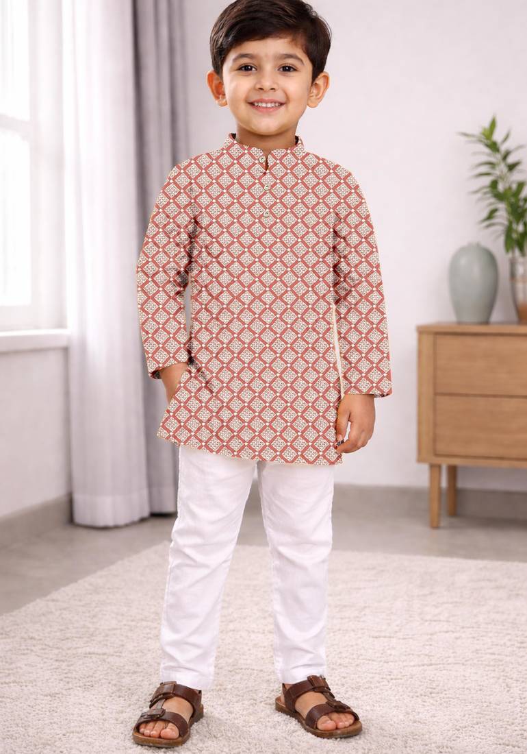 Peach cotton thread embroidery work kid's kurta pyjama