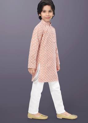 Peach cotton thread embroidery work kid's kurta pyjama 3
