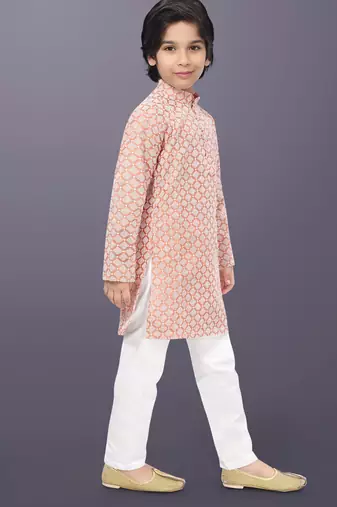 Peach cotton thread embroidery work kid's kurta pyjama
