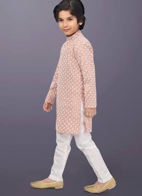 Peach cotton thread embroidery work kid's kurta pyjama 4