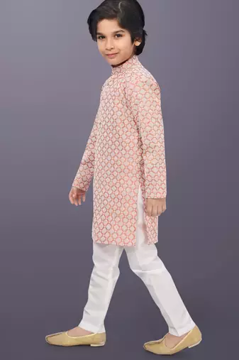 Peach cotton thread embroidery work kid's kurta pyjama