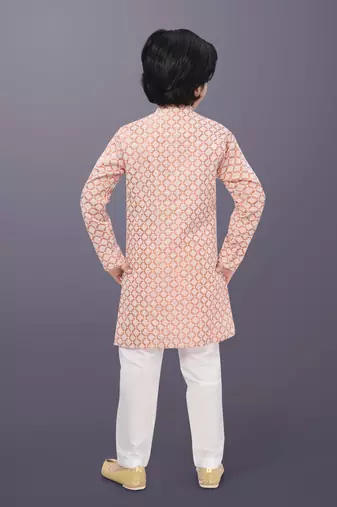 Peach cotton thread embroidery work kid's kurta pyjama