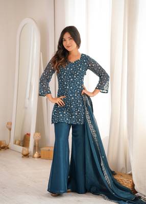 Women   s blue embroidered kurta with bell bottom pant & dupatta set 1