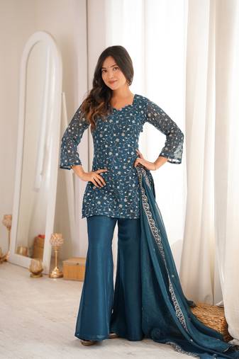 Women   s blue embroidered kurta with bell bottom pant & dupatta set