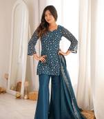 Women’s blue embroidered kurta with bell bottom pant & dupatta set
