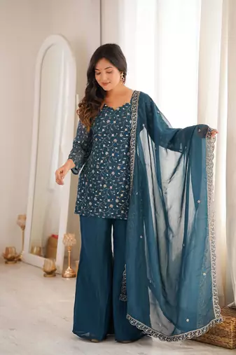 Women   s blue embroidered kurta with bell bottom pant & dupatta set