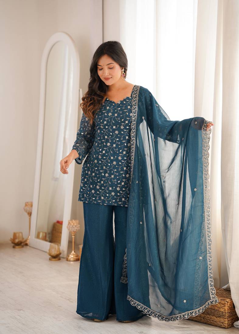 Women’s blue embroidered kurta with bell bottom pant & dupatta set