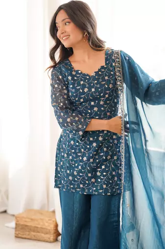 Women   s blue embroidered kurta with bell bottom pant & dupatta set