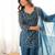 Women’s blue embroidered kurta with bell bottom pant & dupatta set