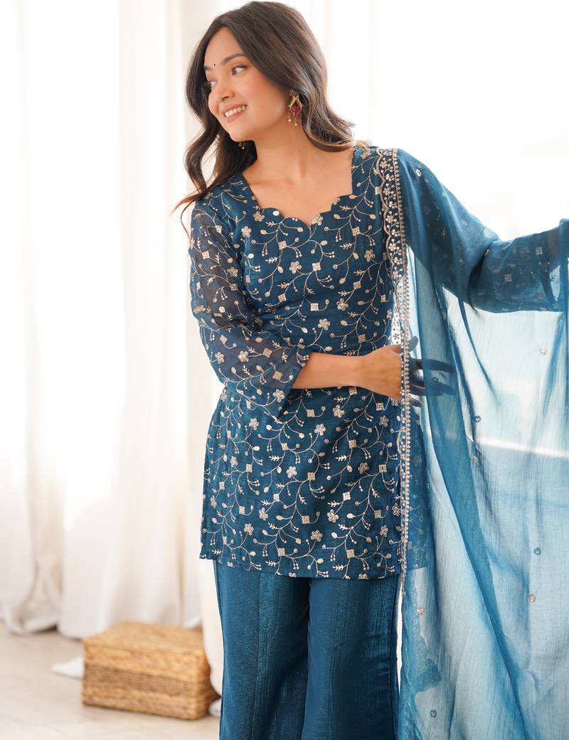 Women’s blue embroidered kurta with bell bottom pant & dupatta set