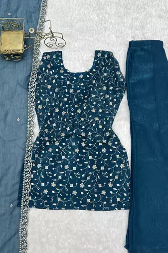 Women   s blue embroidered kurta with bell bottom pant & dupatta set