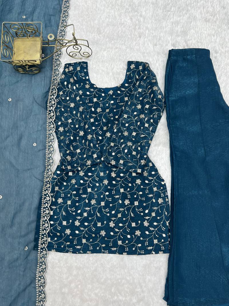 Women’s blue embroidered kurta with bell bottom pant & dupatta set