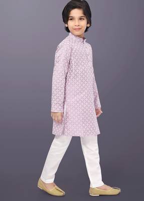 Pink cotton thread embroidery work kid's kurta pyjama 2