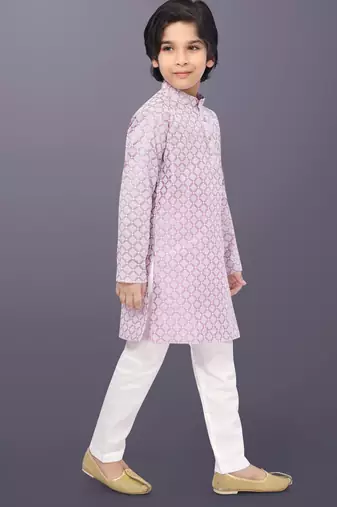Pink cotton thread embroidery work kid's kurta pyjama