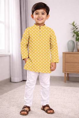 Yellow cotton thread embroidery work kid's kurta pyjama 1