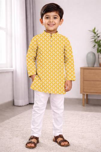 Yellow cotton thread embroidery work kid's kurta pyjama