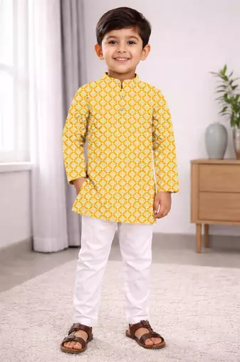 Yellow cotton thread embroidery work kid's kurta pyjama