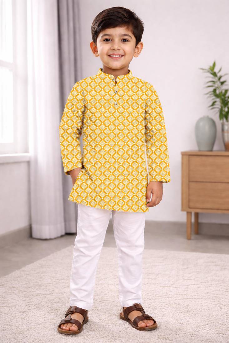 Yellow cotton thread embroidery work kid's kurta pyjama