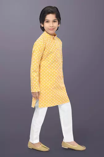 Yellow cotton thread embroidery work kid's kurta pyjama