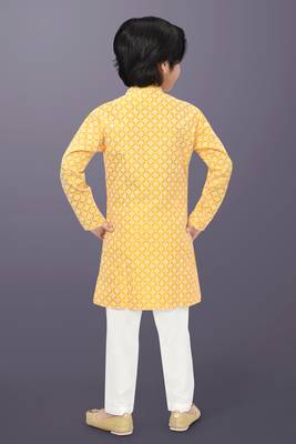 Yellow cotton thread embroidery work kid's kurta pyjama 3