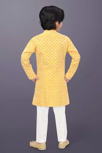 Yellow cotton thread embroidery work kid's kurta pyjama