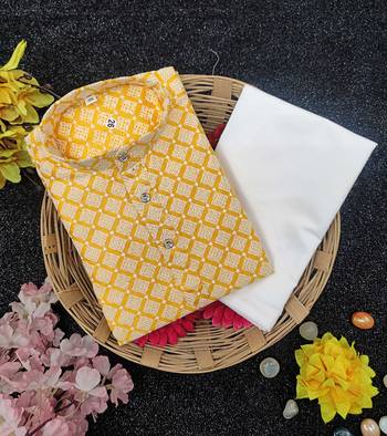 Yellow cotton thread embroidery work kid's kurta pyjama 4