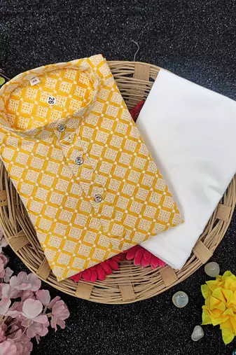 Yellow cotton thread embroidery work kid's kurta pyjama
