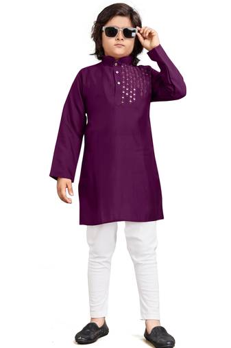 Wine viscose sequins embroidery work kid's kurta pyjama