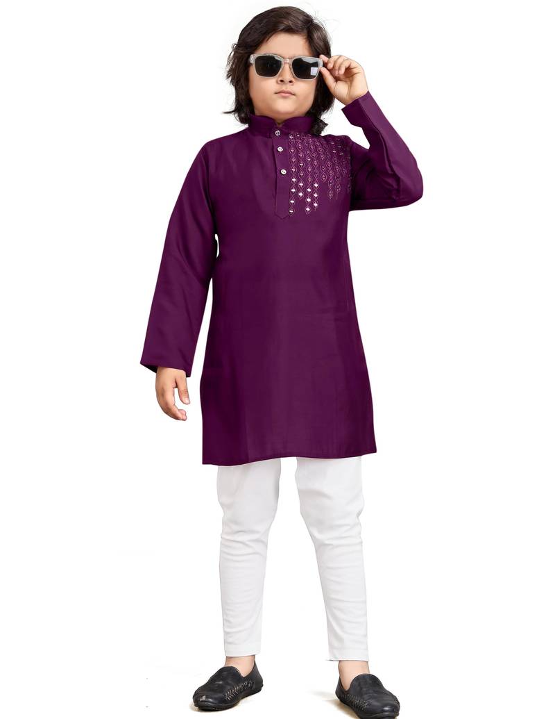 Wine viscose sequins embroidery work kid's kurta pyjama