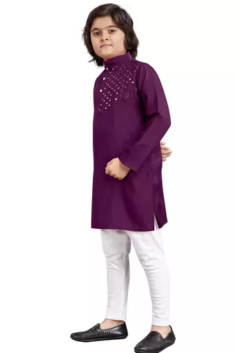 Wine viscose sequins embroidery work kid's kurta pyjama