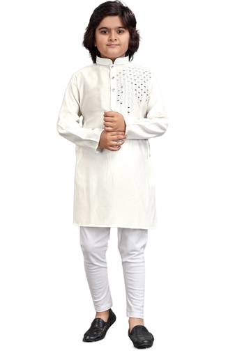 White viscose sequins embroidery work kid's kurta pyjama