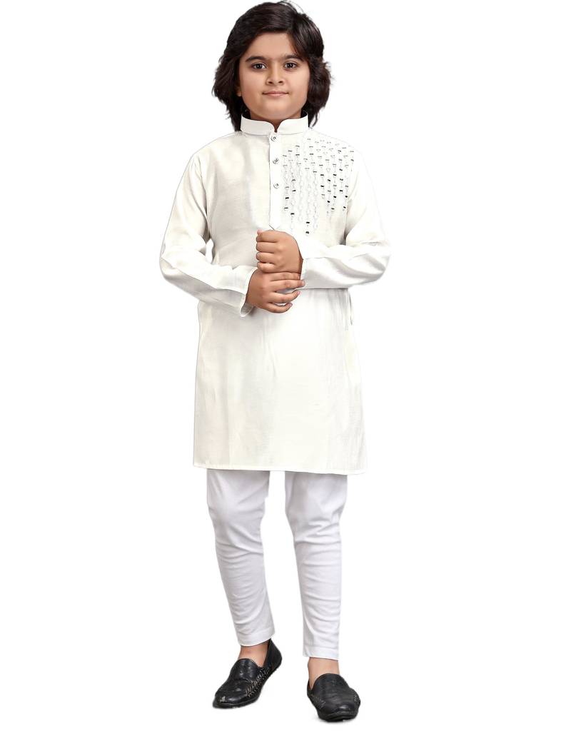 White viscose sequins embroidery work kid's kurta pyjama