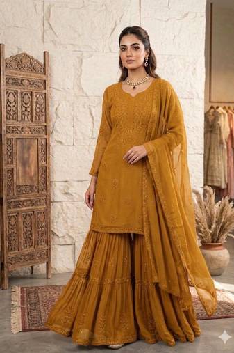 Designer georgette sharara suit with sequence embroidery dupatta