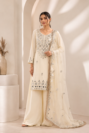 Designer georgette palazzo suit with real mirror embroidery