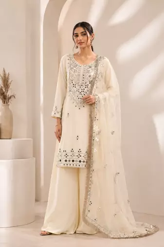 Designer georgette palazzo suit with real mirror embroidery