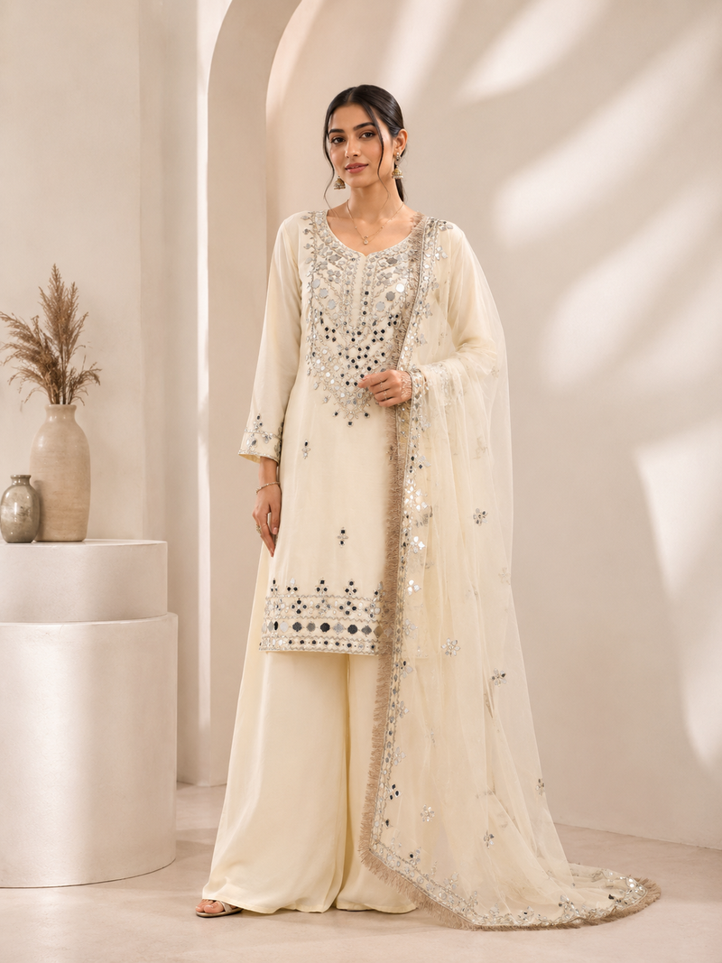  georgette palazzo suit with real mirror embroidery