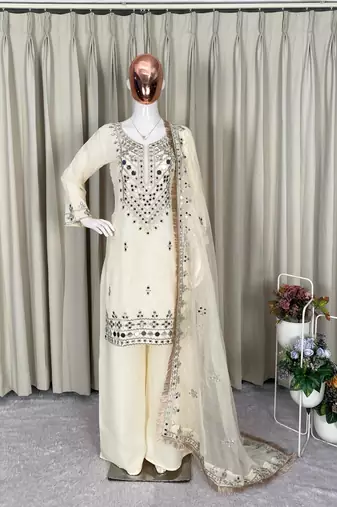 Designer georgette palazzo suit with real mirror embroidery