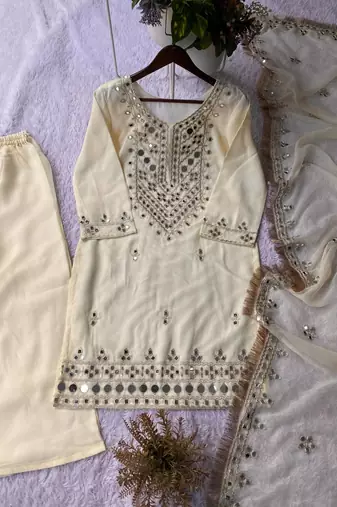 Designer georgette palazzo suit with real mirror embroidery