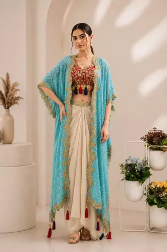 Designer draped skirt set with sequins shrug & tube blouse