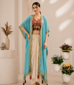 Designer draped skirt set with sequins shrug & tube blouse