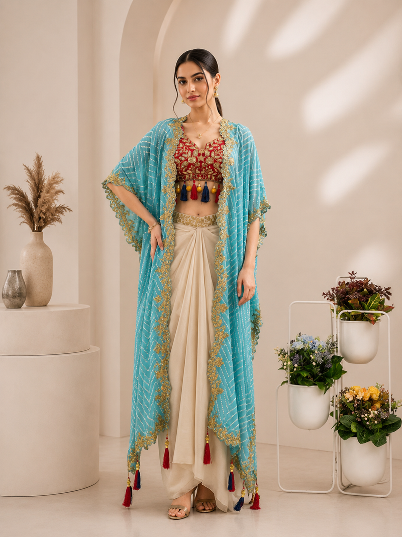 Designer draped skirt set with sequins shrug & tube blouse