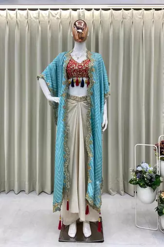 Designer draped skirt set with sequins shrug & tube blouse