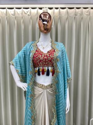Designer draped skirt set with sequins shrug & tube blouse 3