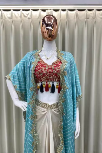 Designer draped skirt set with sequins shrug & tube blouse