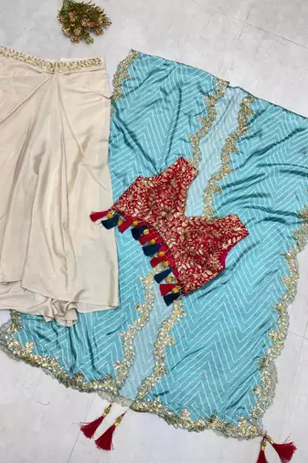 Designer draped skirt set with sequins shrug & tube blouse