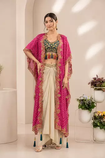 Designer draped skirt set with sequins shrug & tube blouse