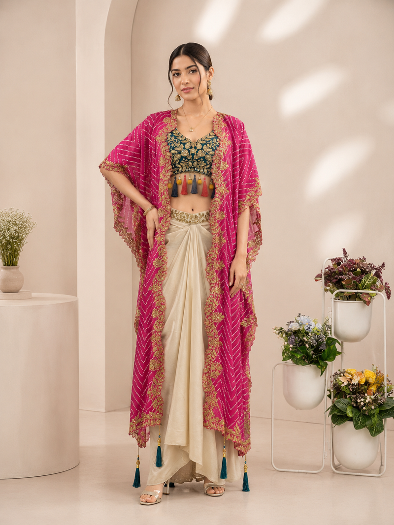 Designer draped skirt set with sequins shrug & tube blouse