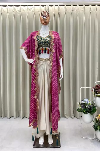 Designer draped skirt set with sequins shrug & tube blouse