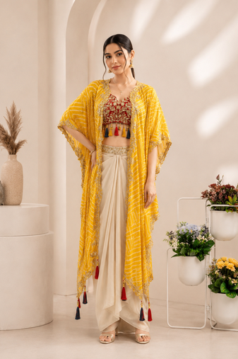 Designer draped skirt set with sequins shrug & tube blouse